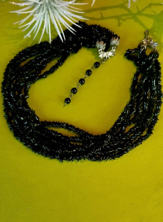 Black Beaded Nugget Necklace, Black Multi Strand N