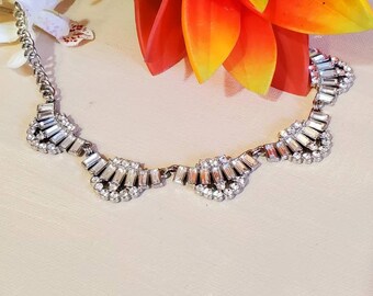 Elegant Rhinestone Choker Necklace, Silver Scallop Design, Adjustable