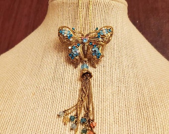 Adorned Butterfly Brooch/Pendant Necklace, Turquoise and Pink, Gold Tone, Rhinestones, Large Filigree Brooch, Removable Chain, Embellished