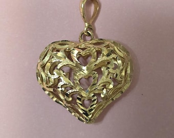 Solid Gold 14k Puffy Heart, Filigree, Cut Out Heart Pendant, Sold Gold, Vintage Pendant, Three Dimensional, Gift Idea, Minimal Wear