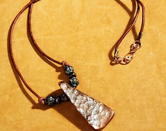 Hammered Recycled Copper Pendant Necklace, Beaded Leather Cord, Ladies Jewelry