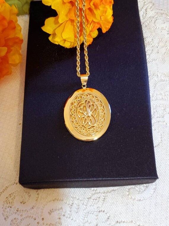 Gold Plated Ornate Locket, Gold Plated Rope Chain… - image 1