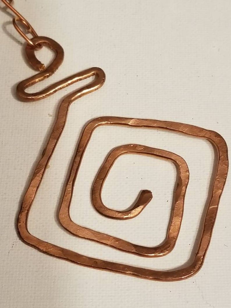 Recycled Copper Textured Design Polished Double Stranded Chain Swirl Copper Pendant Design Square Shape Hammered Copper Necklace