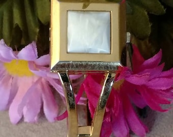 Closed Face Wristwatch, Ladies Bangle, Gold Tone, Latches, Square Top Accent, Faux MOP Design, Square Face, Closed Face, Gold Tone Watch