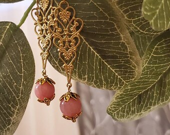 Pink Quartz Filigree Earrings, Dangle, Brass Filigree, Lacey Pattern, Pierced Dangles, Quartz Bead, Fancy Earrings, Heart Accent, Pink