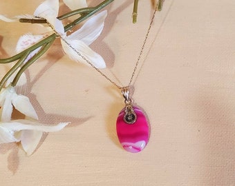 Sterling Silver Stone Necklace, Stamped Necklace, Genuine Stone, Vibrant Color, Hot Pink, Sterling Silver, Fine Chain, Vintage Pendant