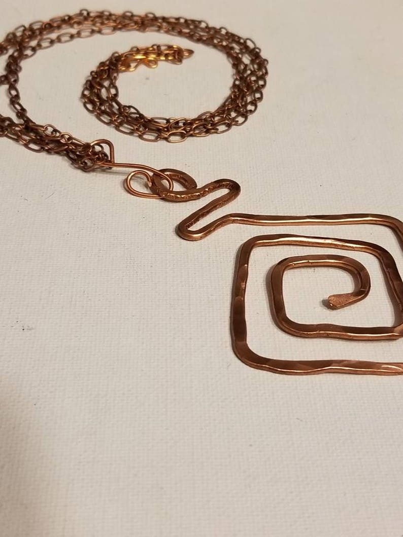 Recycled Copper Textured Design Polished Double Stranded Chain Swirl Copper Pendant Design Square Shape Hammered Copper Necklace