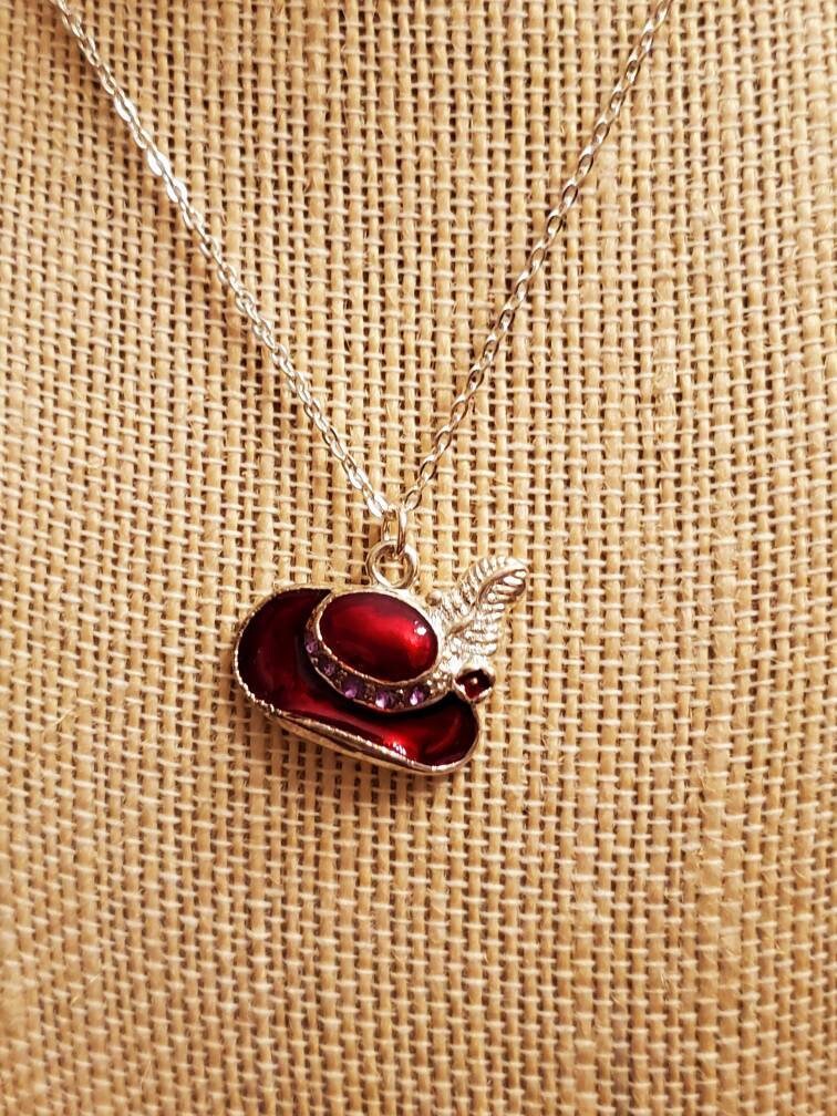 Custom Designed Red Bejeweled Hat & Necklace Set RED HAT Necklace and Earrings, Costume, Red Enamel  main image 4