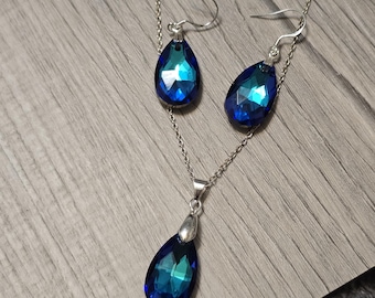 Crystal Teardrop Necklace and Dangle Earrings, Sterling Silver Set