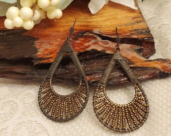 Large Wire Beaded Earrings, Wired Earrings, Beaded, Copper Seed Beads, Large Pierced, Ear Wires, Open Teardrop Shape, Boho Pattern