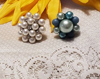 Pearl Cluster Ring, Blue and White, Pearl Ring, Stainless Steel Band, Adjustable Ring, Pearl, Vintage, Repurposed Rings, Vintage Jewelry