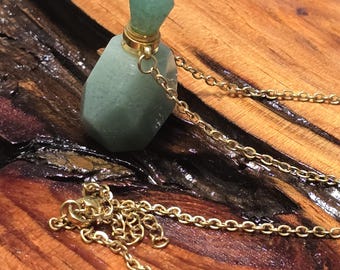 Aventurine Perfume Bottle Necklace, Gold Chain, Essential Oil, Memorial Keepsake