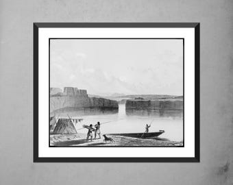 Impresión de The Dalles, Oregón: Litografía de un campamento de pesca de la década de 1850