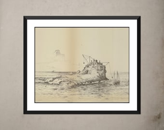 Grabado del faro de Tillamook Rock: arte histórico de la costa de Oregón de la década de 1880