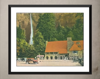 Impresión de Multnomah Falls Lodge: arte fotográfico vintage de Oregón, estilo años 20