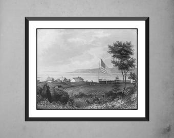 Impresión de Astoria, Oregón: Grabado del río Columbia de la década de 1840, calidad de museo