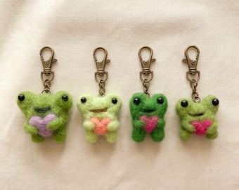 Needle Felted Frog Keychain with Heart | Tiny Handmade Bag Charm