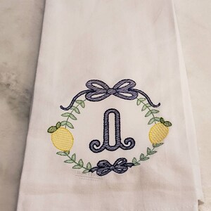 Embroidered lemon wreath monogram kitchen towel