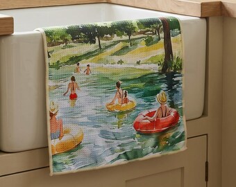 River Tubing Dish Towel | Summer River Kitchen Towel | Reversible Waffle Weave Towel | Lake House Decor | River Days