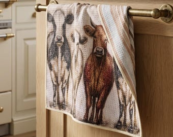 Cow Dish Towel | Farmhouse Hand Towel | Cow Bathroom Decor | Reversible Waffle Weave Kitchen Towel | Farmhouse Gift