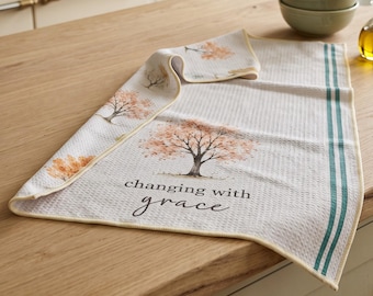 Autumn Tree Dish Towel | Fall Kitchen Decor | Reversible Waffle Weave Towel | Cottagecore Kitchen | Changing With Grace
