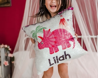 Personalized Dinosaur Gift - Custom Dinosaur Decor - Reversible Sequin TRex Pillow Case - Gift for Girls