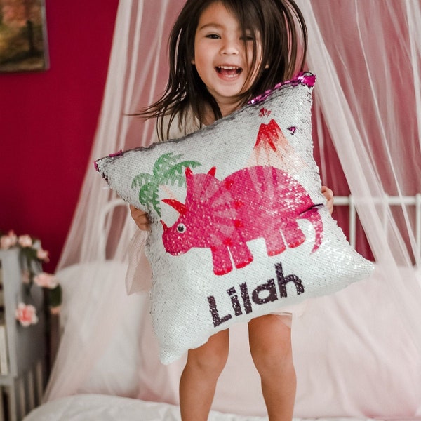 Personalized Dinosaur Gift - Custom Dinosaur Decor - Reversible Sequin TRex Pillow Case - Gift for Girls