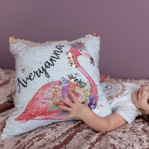Personalized Sequin Flamingo Pillow - Custom Name Pillow for Kids Room Decor