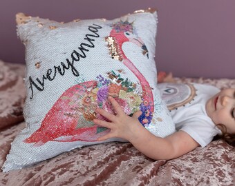 Personalized Sequin Flamingo Pillow - Custom Name Pillow for Kids Room Decor