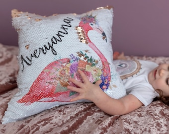 Personalized Sequin Flamingo Pillow - Custom Name Pillow for Kids Room Decor