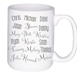 May include: White ceramic mug with a large handle. The mug features a list of names in grey script: Chris, Michael, Dave, Jason, Shana, Danny, Mary, Beth, Kristen, Ryan, Krista, Sean, Tammy, Malory, Thomas, Julie, Hannah, and Maria.