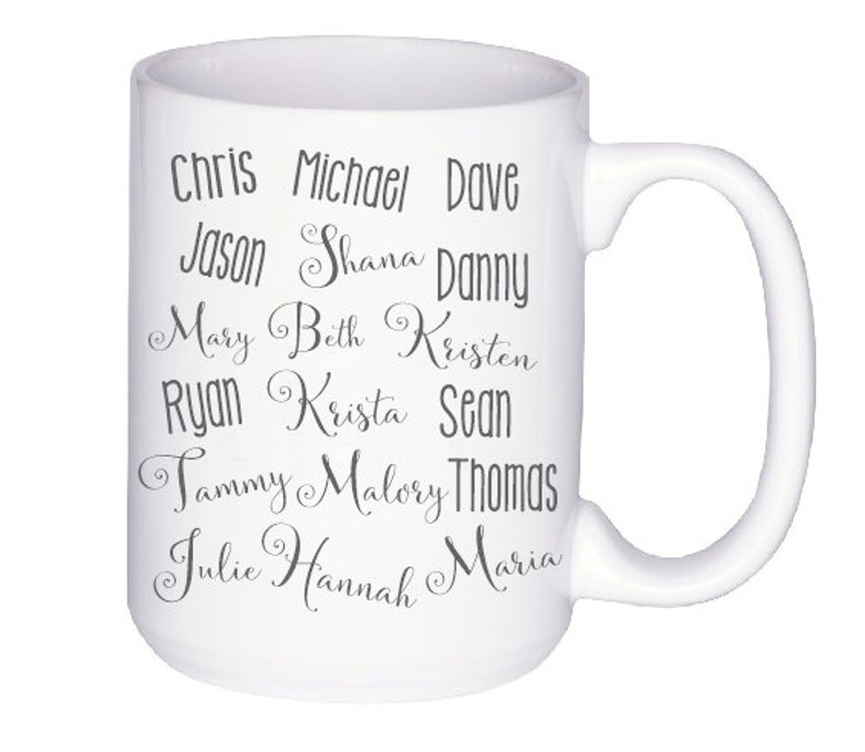 May include: White ceramic mug with a large handle. The mug features a list of names in grey script: Chris, Michael, Dave, Jason, Shana, Danny, Mary, Beth, Kristen, Ryan, Krista, Sean, Tammy, Malory, Thomas, Julie, Hannah, and Maria.