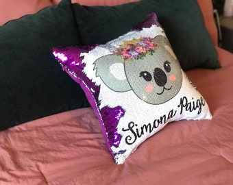 Personalized Koala Sequin Pillow, Gift for Girls,