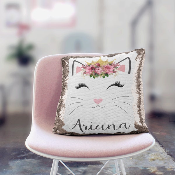 Personalized Cat Sequin Pillow Cover - Rose Gold Reversible Sequin Mermaid Pillow Case - Gift for Girls