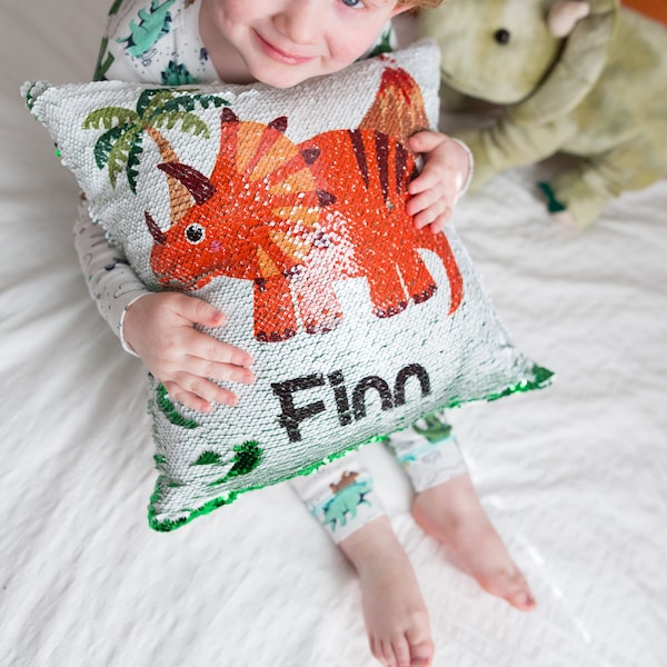 Personalized Dinosaur Gift - Custom Dinosaur Decor - Reversible Sequin Trex Pillow Case - Gift for Boys