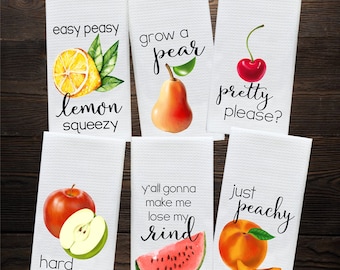 Kitchen Towels - Funny Fruit Kitchen Decor - Fruity Hostess Gift - Dish Towels - Housewarming Gift - Gift For Mom - Wedding Shower Gift