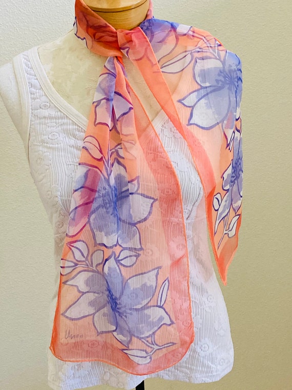 Vintage Vera Sheer Peach Orange Blue Floral Scarf,