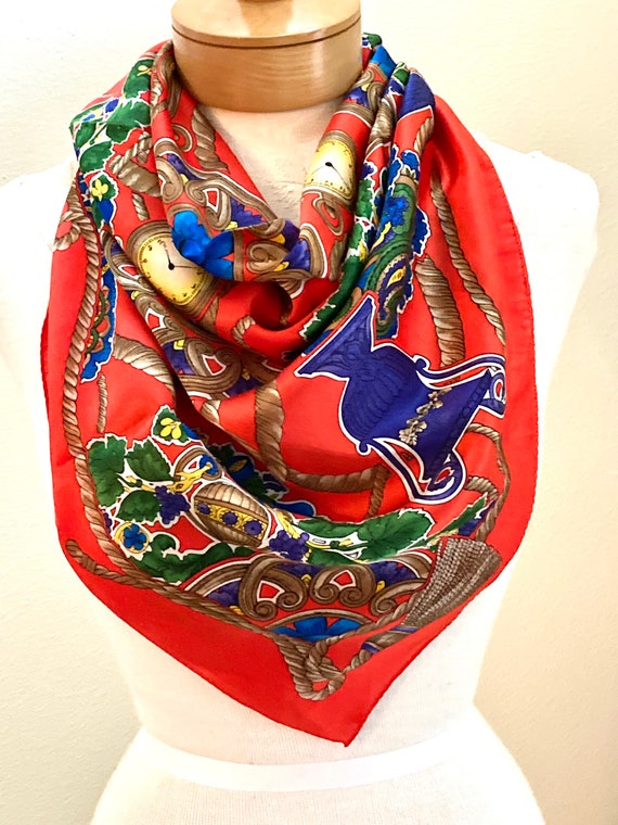 Albert Nipon Silk Scarf: Italian Theme, Orange Re… - image 2