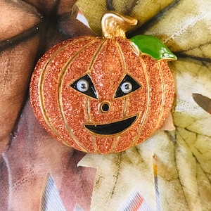 Halloween Jack O'Lantern Pumpkin Brooch, Sparkling Pumpkin Holiday Jewelry image 1