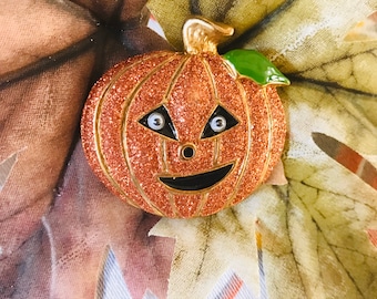 Halloween Jack O'Lantern Pumpkin Brooch, Sparkling Pumpkin Holiday Jewelry