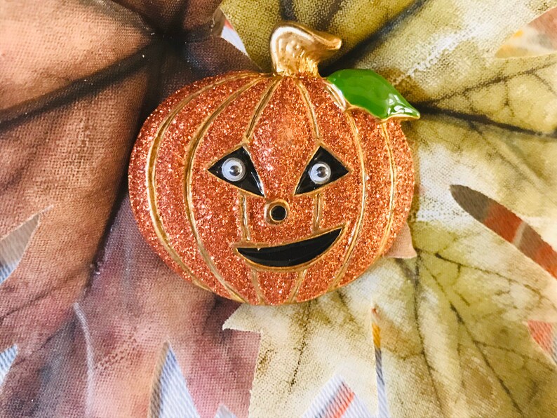 Halloween Jack O'Lantern Pumpkin Brooch, Sparkling Pumpkin Holiday Jewelry image 1