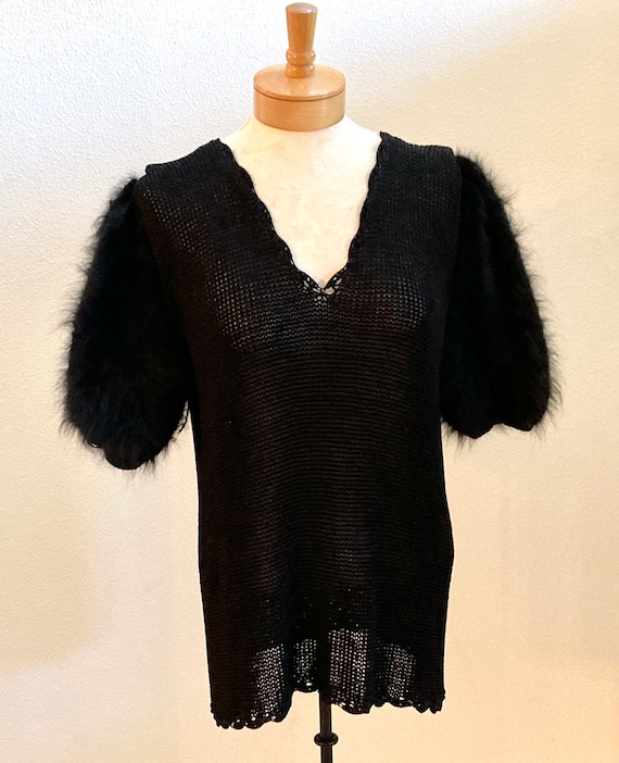 Black Silk and Angora Hand Crochet Puff Sleeve Swe