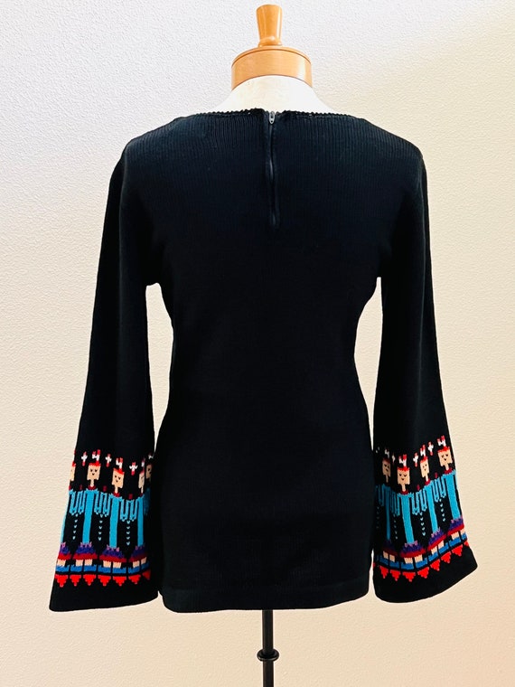 Black Wool Knit Pullover Sweater with Patterned L… - image 3