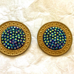 Vintage Richard Kerr Blue AB Gold Tone Large Circle Clip-on Earrings, 1980’s Glam Jewelry