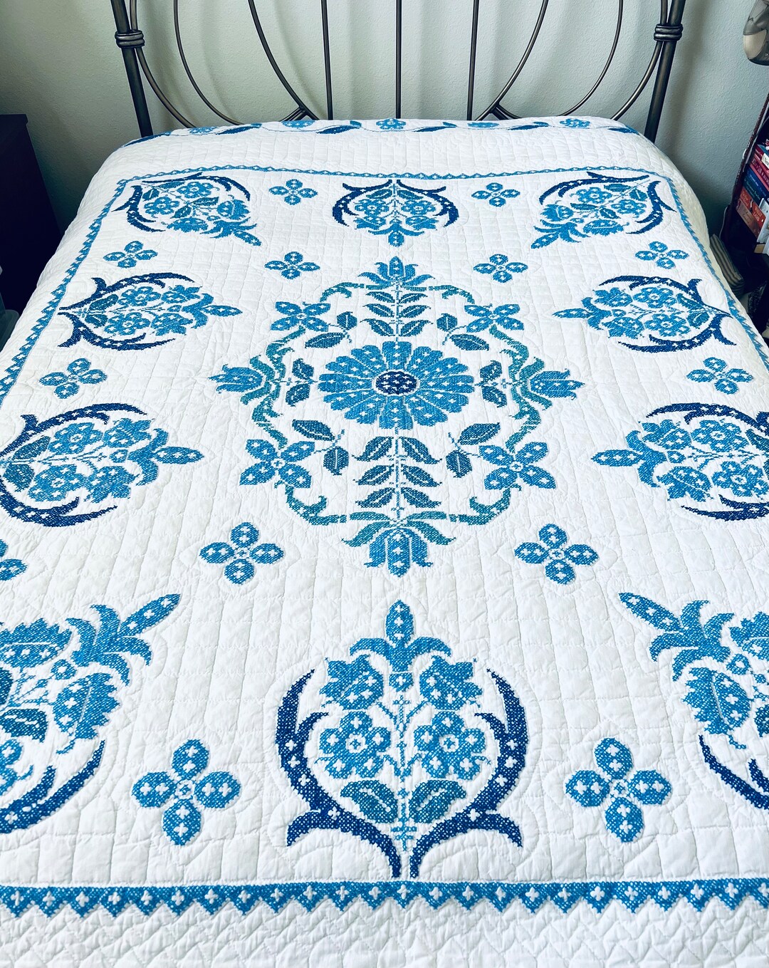 Vintage Blue on White Floral Cross Stitch Embroidery Quilt, 74” X