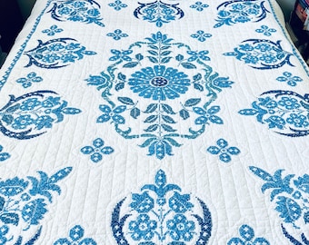 Vintage Blue on White Floral Cross Stitch Embroidery Quilt, 74” x 88”