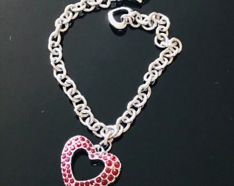 Swarovski Red Heart Silver Chain Link Charm Bracelet