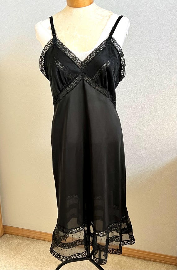 Vintage Black Full Length Nylon and Lace Slip, Deena Fine Lingerie