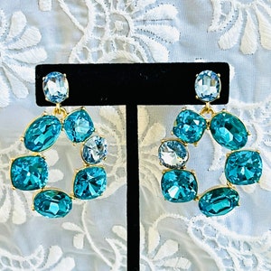 Oscar de la Renta Aqua Blue Crystal Dangle Pierced Earrings