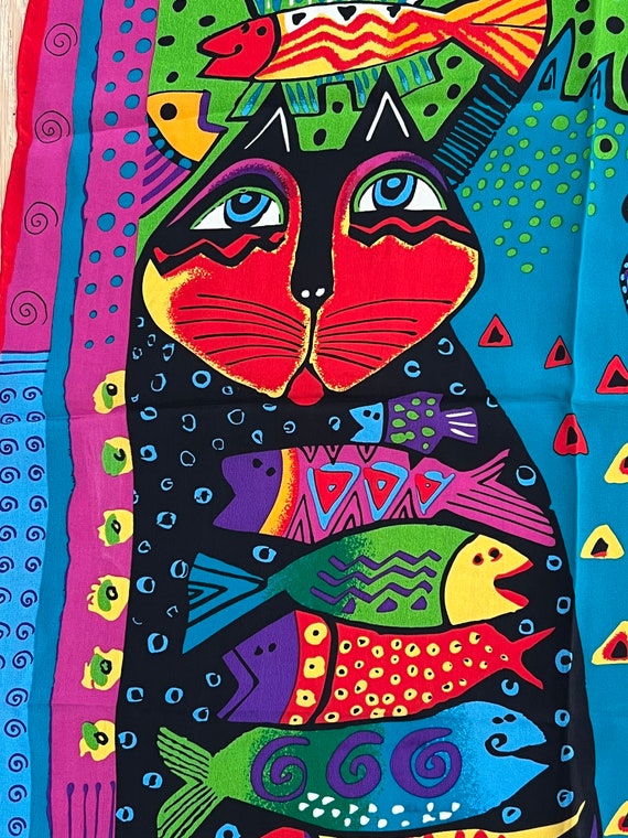 Vintage Laurel Burch Colorful Cats Silk Scarf - image 3